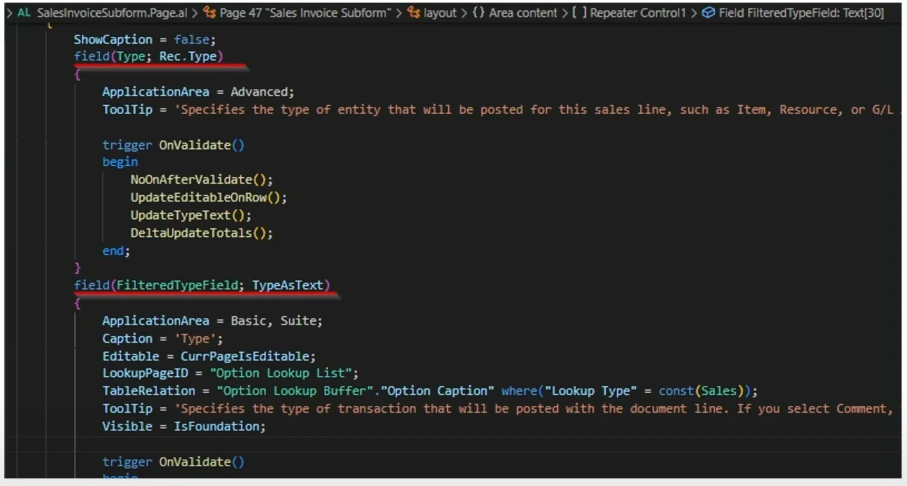 The Sales Invoice Subform source, with the real Type field beside the filtered text field that replaces it
