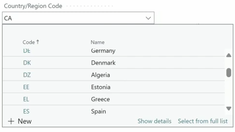 A Business Central Country/Region Code lookup listing every country in the table