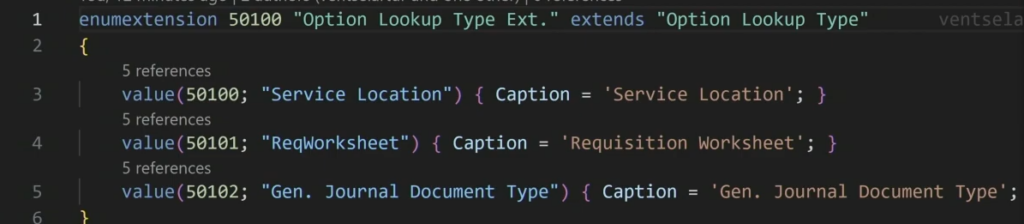 An enum extension adding Service Location, Requisition Worksheet and Gen. Journal Document Type lookup types