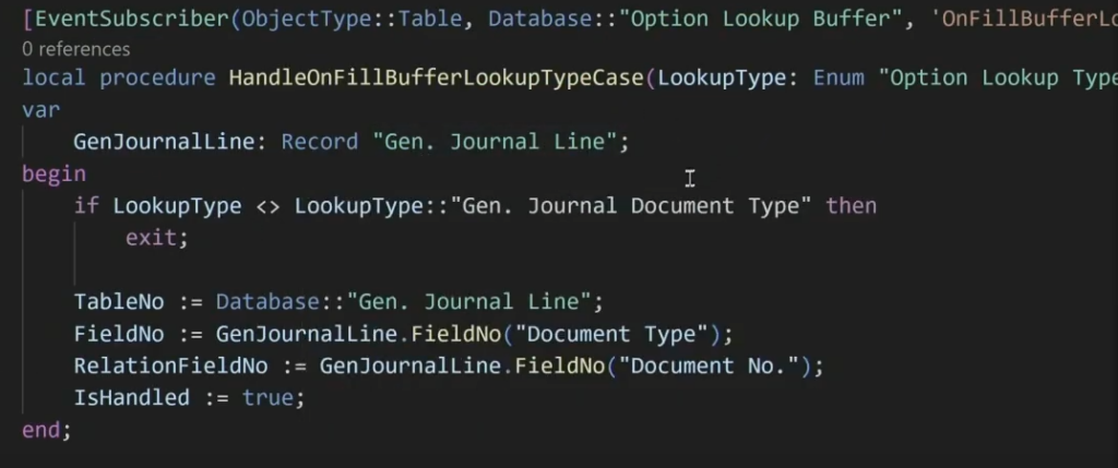 A subscriber to OnFillBufferLookupTypeCase, pointing the new lookup type at the Gen. Journal Line document type field