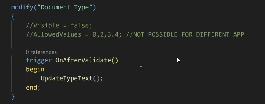 A page extension showing AllowedValues commented out, because it cannot be set from a different app