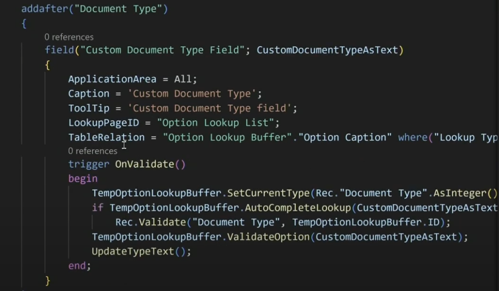 The alternative: a custom text field added after Document Type, looking up through the Option Lookup Buffer