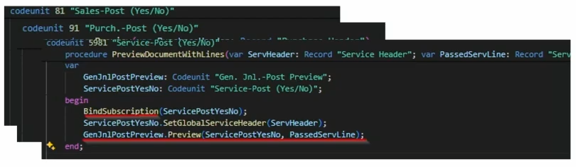 Three posting codeunits stacked, each binding a subscription before calling the posting preview