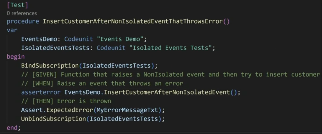 A test asserting that the error thrown inside the non-isolated event aborts the whole call
