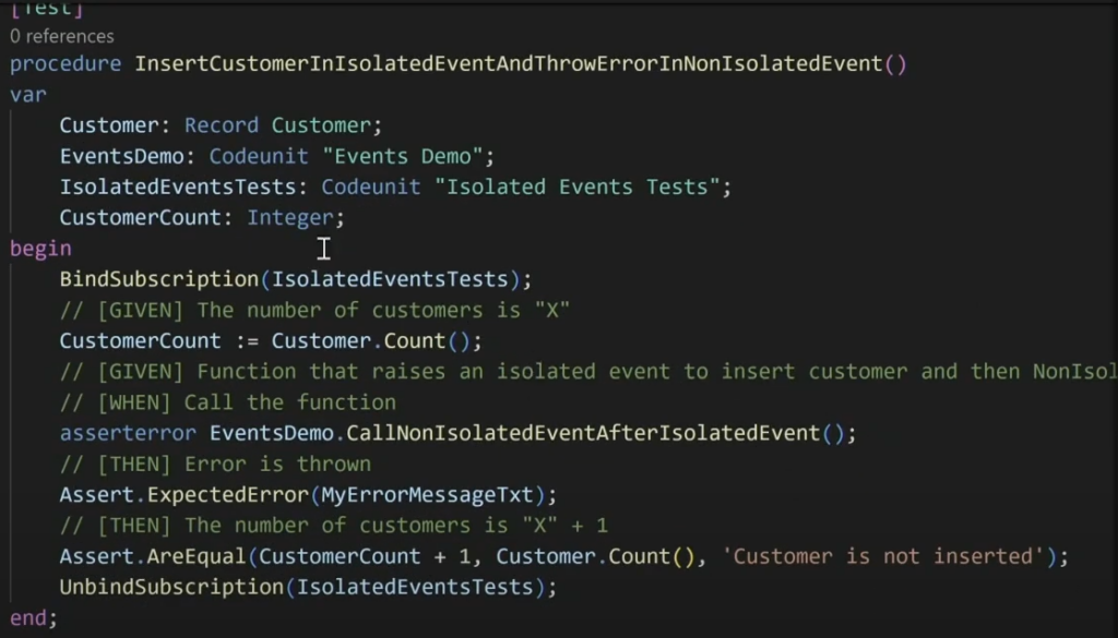 A test asserting the customer inserted inside the isolated event survives a later non-isolated failure