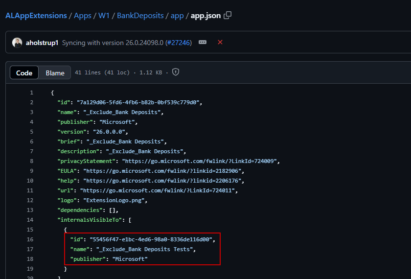 A Microsoft app.json using internalsVisibleTo to expose internals to its own test app