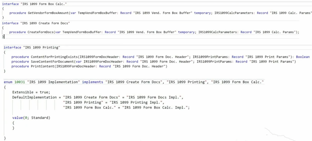 The IRS 1099 interfaces for form box calculation, document creation and printing, with the enum that implements all three
