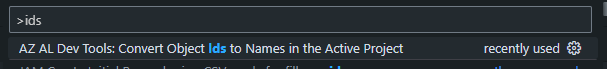 Command palette entry for AZ AL Dev Tools action Convert Object Ids to Names in the active project.