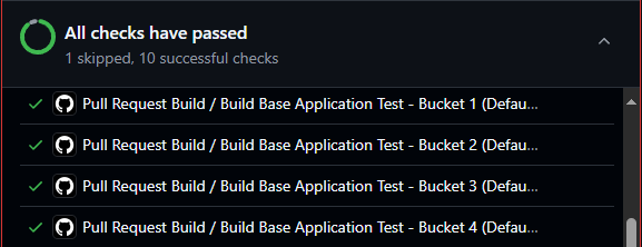 GitHub pull request checks panel showing all build and test checks passed.
