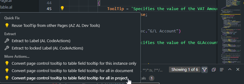 VS Code quick-fix menu with options to convert page control tooltip to table field tooltip.
