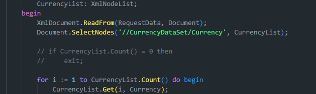 AL code with an if-exit block commented out before iterating CurrencyList nodes.