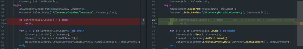 Side-by-side diff showing removal of the if CurrencyList.Count() = 0 then exit block.