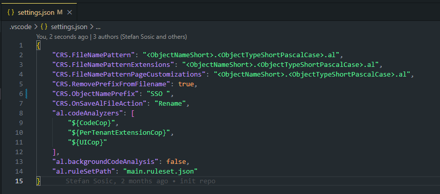 Shared project settings.json with naming patterns and AL analyzers configuration.