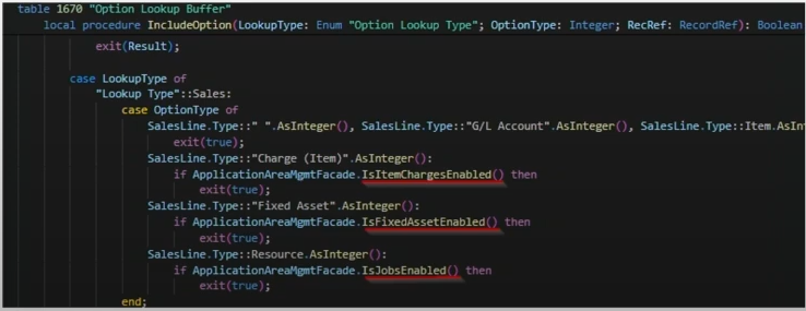 Table 1670 Option Lookup Buffer deciding which option values to include based on enabled application areas