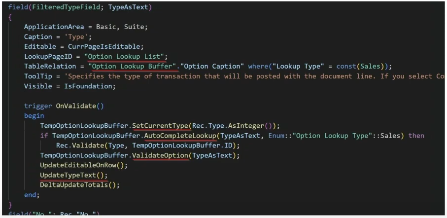 The filtered field definition, looking up Option Lookup Buffer and validating through AutoCompleteLookup