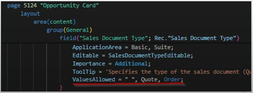 The Opportunity Card using ValuesAllowed to restrict its Sales Document Type field to blank, Quote and Order