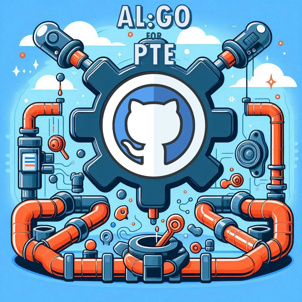Illustration of a gear with the GitHub logo connected by orange pipes, labeled AL:GO for PTE.