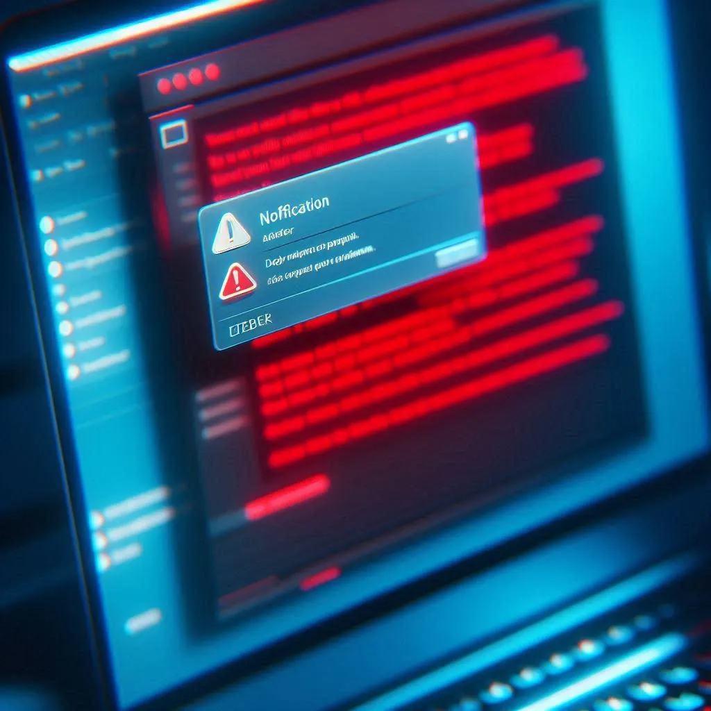 Close-up of a laptop screen with red error code lines and a notification dialog, illustrating a job queue failure alert.