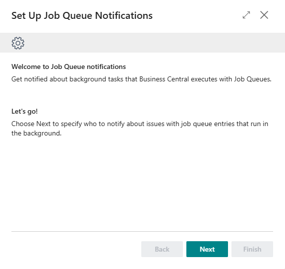The first step of the Job Queue notification wizard, explaining what it sets up