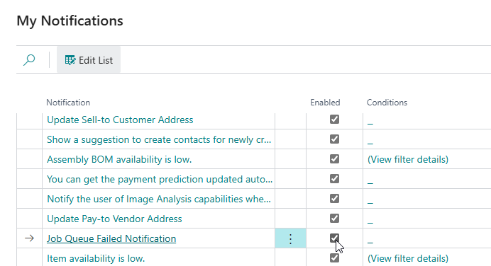 The My Notifications list with Job Queue Failed Notification enabled