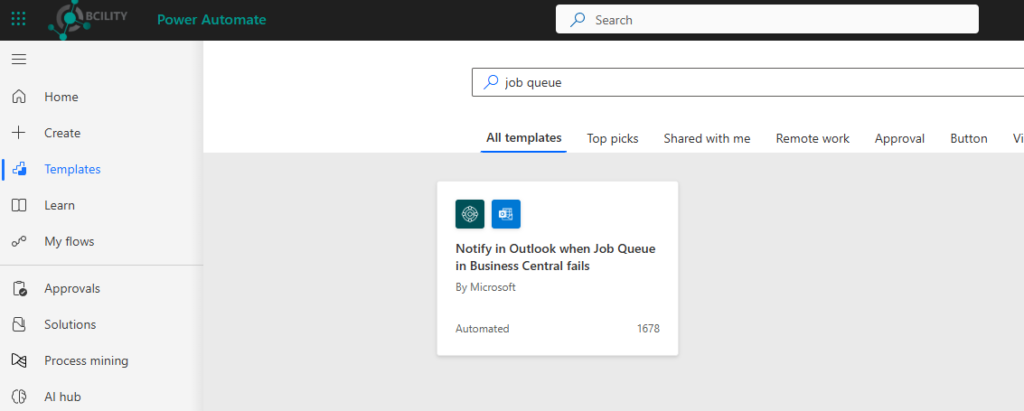 Power Automate templates filtered to job queue, offering the Microsoft Outlook notification template