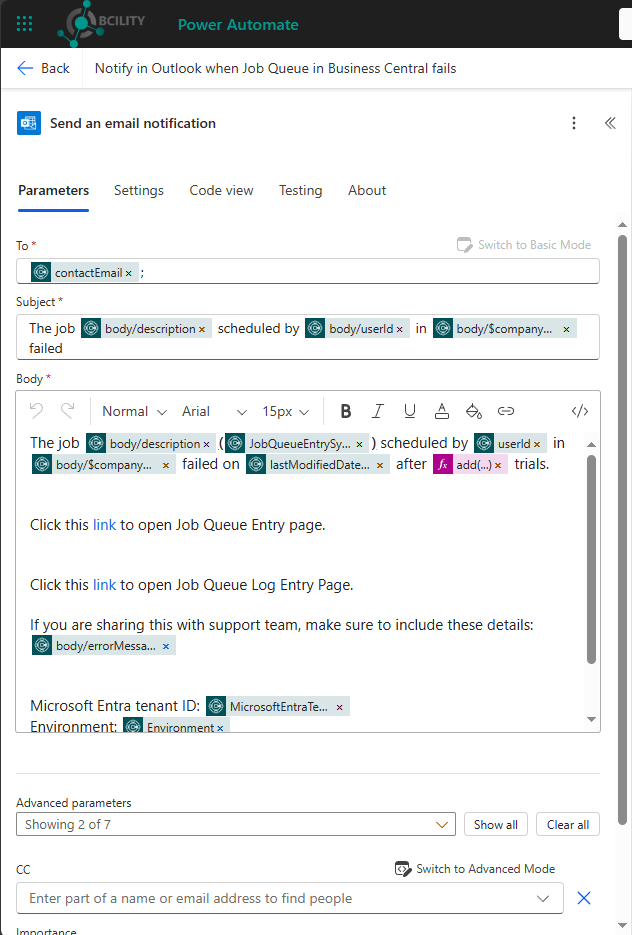 The Send an email notification step, with the subject and body built from the job queue fields