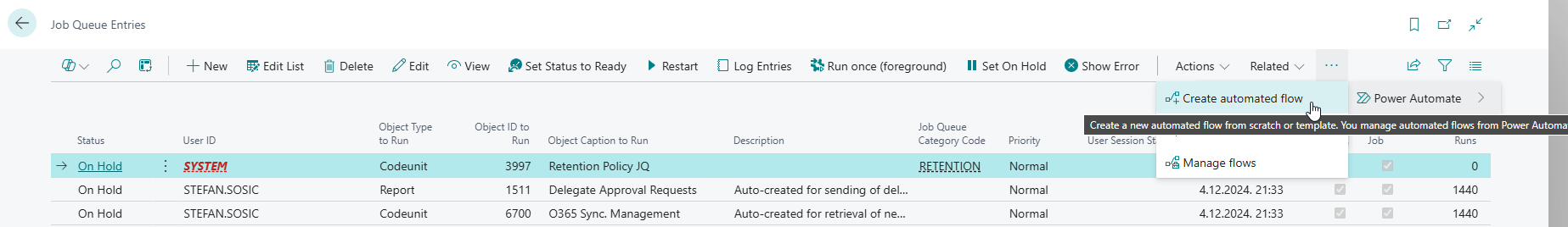 The Job Queue Entries page, creating an automated flow straight from the Power Automate action