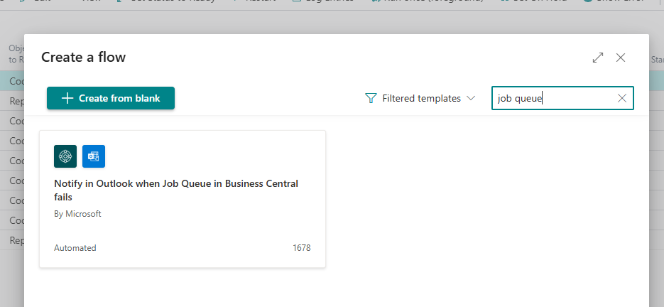 The Create a flow dialog inside Business Central, filtered to the job queue template