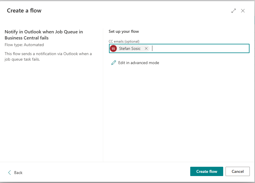 The template setup step, with the CC email addresses for the flow