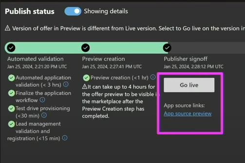 Partner Center publish status screen showing a preview version workflow and an AppSource preview link before going live.