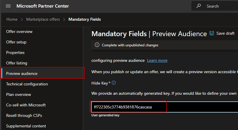 Microsoft Partner Center Preview Audience page with a custom preview key field for an offer.