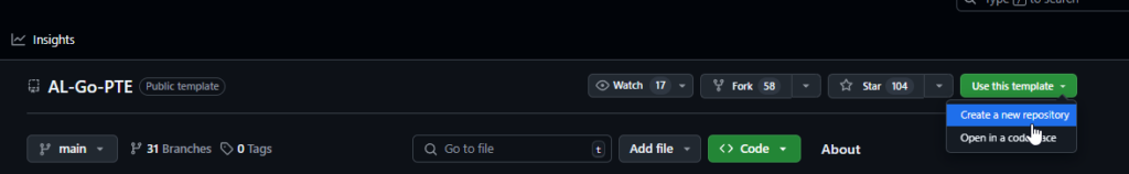 The AL-Go-PTE repository on GitHub with Use this template open on Create a new repository