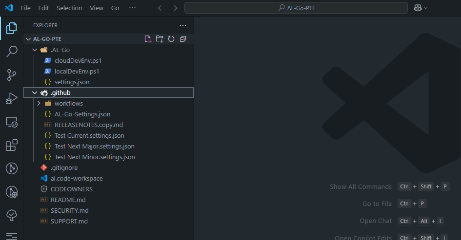 The cloned AL-Go-PTE repository in VS Code, showing its .AL-Go and .github folders