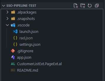 An existing AL project in VS Code before the template files are copied in