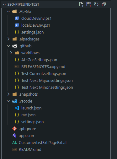 The same project after copying, now carrying .AL-Go and .github alongside the app files