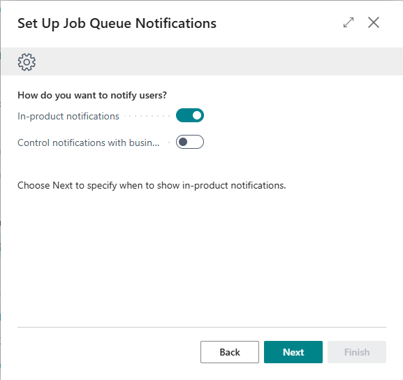 The wizard step choosing between in-product notifications and business event notifications