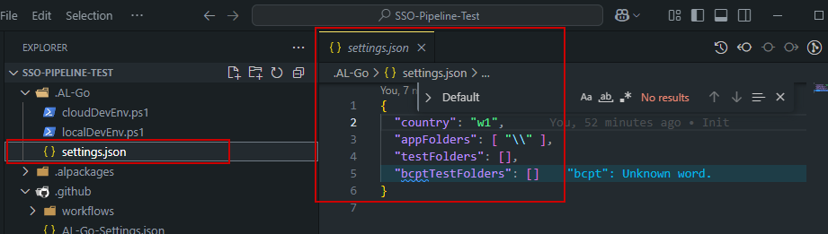 The .AL-Go settings.json open, with country, appFolders, testFolders and bcptTestFolders