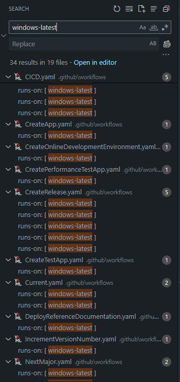 A workspace search for windows-latest, finding the runs-on line in 34 places across 19 workflows