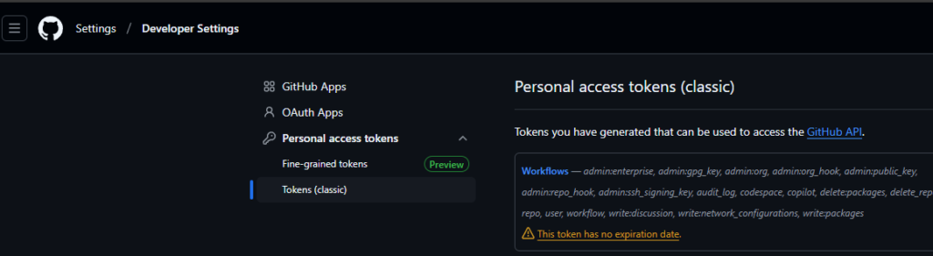 The GitHub personal access tokens (classic) page listing the workflow scopes a token needs