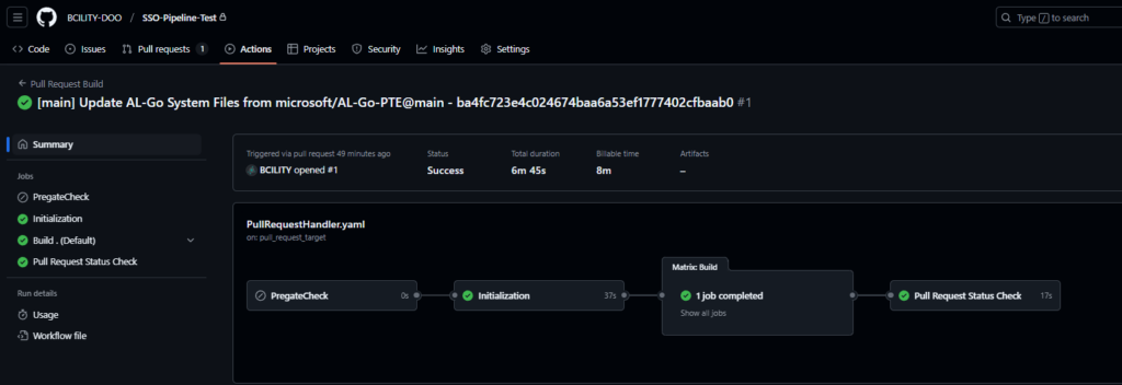 A successful Pull Request Build run with its PregateCheck, Initialization, Build and status check jobs