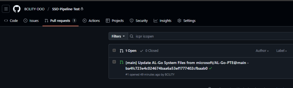 The open pull request the Update AL-Go System Files workflow raised