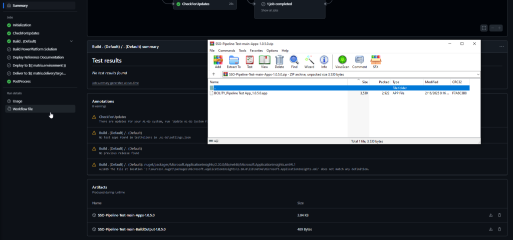 The CI/CD build summary with its annotations and the app artifact it produced, opened in an archive tool
