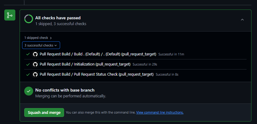 The same pull request once all checks have passed, ready to squash and merge