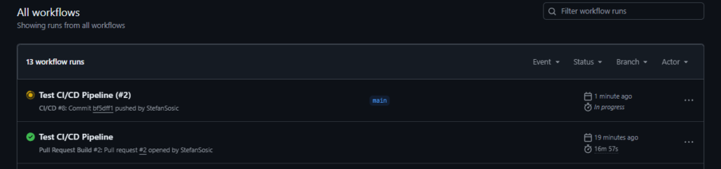 The workflow run list showing CI/CD starting automatically after the merge