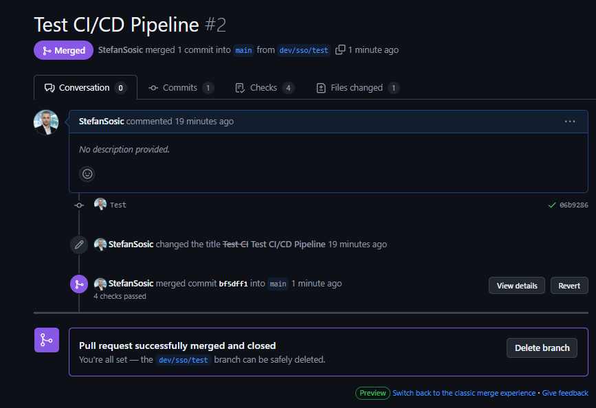 The merged pull request, with its four passing checks and the branch offered for deletion
