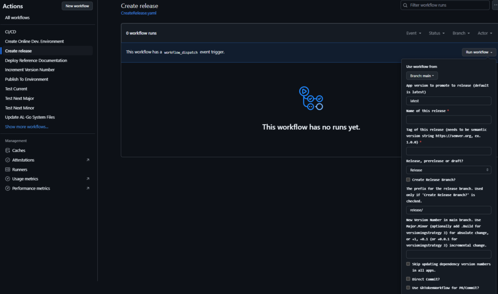 The Create release workflow dispatch form, with its version, tag, release branch and commit options