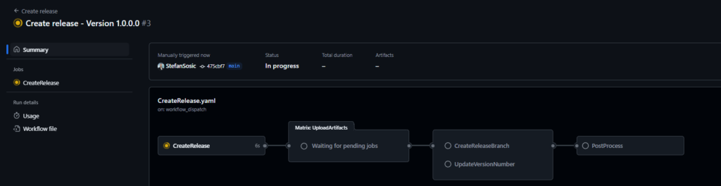A Create release run in progress, with its CreateRelease, UploadArtifacts and version number jobs