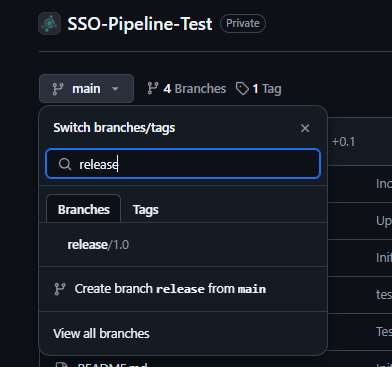 The branch switcher showing the release/1.0 branch the workflow created