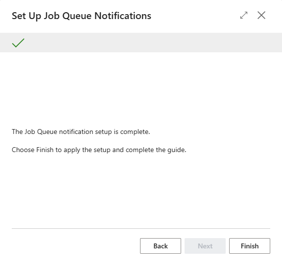 The final wizard step confirming the Job Queue notification setup is complete