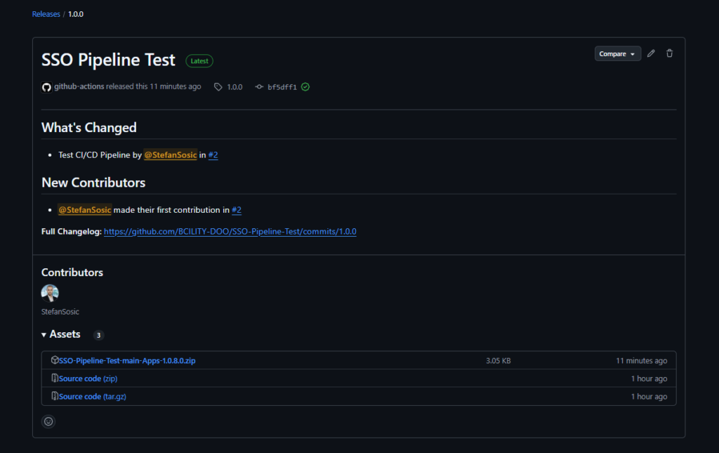The published release 1.0.0 with its changelog, contributors and three attached assets